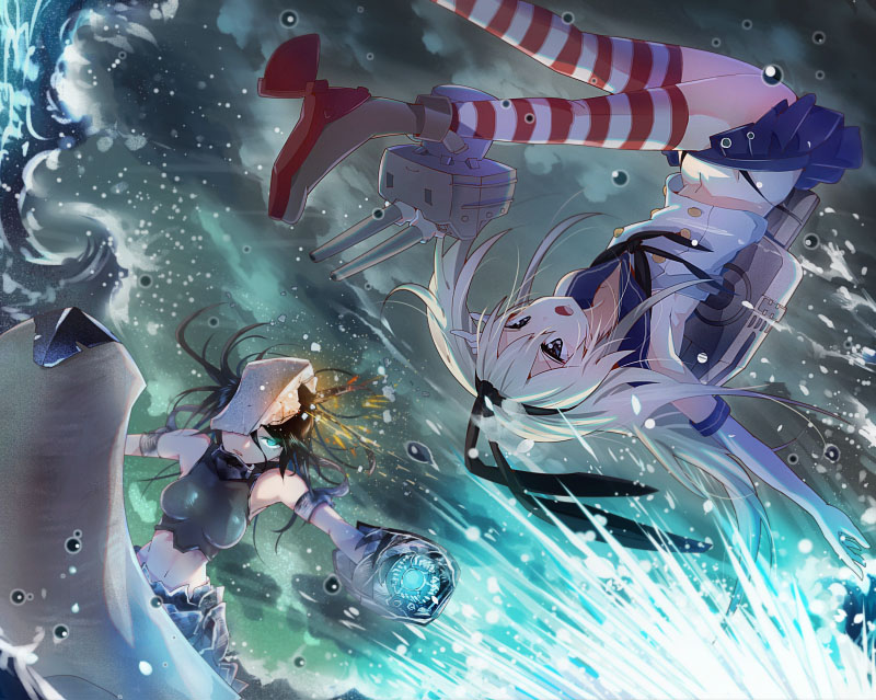 2girls black_hair black_panties blonde_hair blue_eyes blush character_request elbow_gloves gloves glowing glowing_eyes hairband inae_keiji kantai_collection long_hair multiple_girls navel one_eye_covered open_mouth panties personification rensouhou-chan shimakaze_(kantai_collection) skirt splashing striped striped_legwear thighhighs underwear upside-down water white_gloves