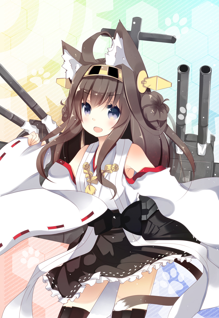 1girl ahoge animal_ears blush brown_hair cat_ears cat_tail detached_sleeves hairband japanese_clothes kantai_collection kemonomimi_mode kongou_(kantai_collection) kurata_yumi long_hair looking_at_viewer personification skirt smile solo tail thighhighs wide_sleeves