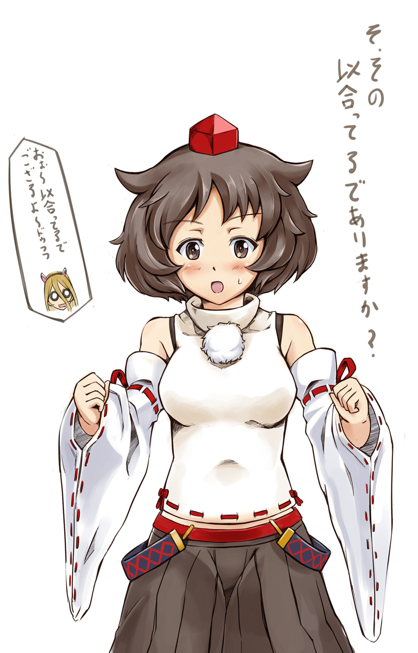akiyama_yukari animal_ears belt blush breasts brown_eyes brown_hair clenched_hands cosplay crossover detached_sleeves eshi_(solokov) fake_animal_ears girls_und_panzer hat high_collar highres inubashiri_momiji inubashiri_momiji_(cosplay) looking_at_viewer o_o pom_pom_(clothes) short_hair simple_background skirt speech_bubble sweatdrop takebe_saori tokin_hat touhou translation_request white_background