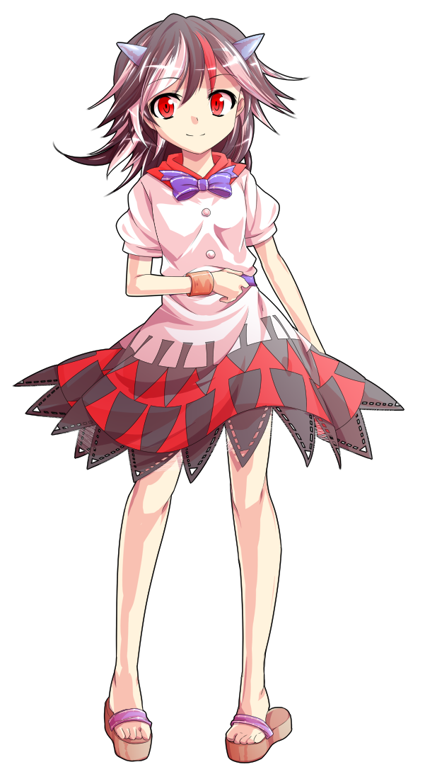 1girl black_hair bracelet dairi dress female horns jewelry kijin_seija looking_at_viewer multicolored_dress multicolored_hair pigeon-toed pink_hair puffy_sleeves red_eyes sandals short_sleeves simple_background smile solo touhou white_background white_dress
