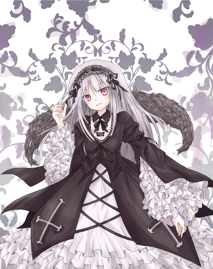 1girl arm_up black_rose cross dress feathered_wings flower frilled_dress frills hairband head_tilt lavender_hair layered_dress leaf leaf_background lolita_fashion lolita_hairband long_hair looking_at_viewer parted_lips red_eyes ribbon rose rozen_maiden solo suigintou takojiru very_long_hair