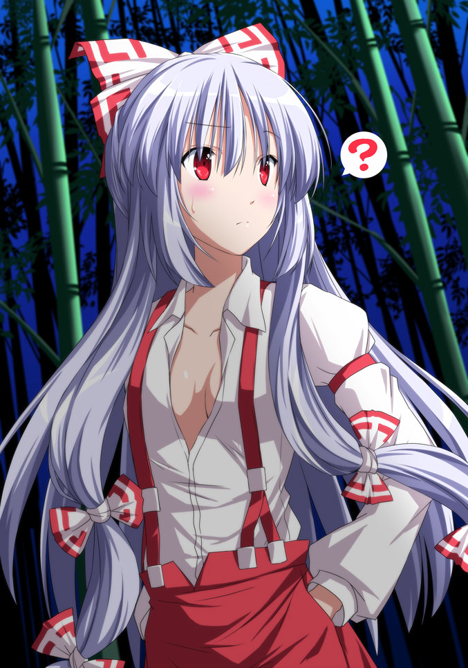 1girl ? bamboo bamboo_forest blush collarbone forest fujiwara_no_mokou hair_ribbon long_hair nature nori_tamago red_eyes ribbon silver_hair solo suspenders sweatdrop touhou very_long_hair