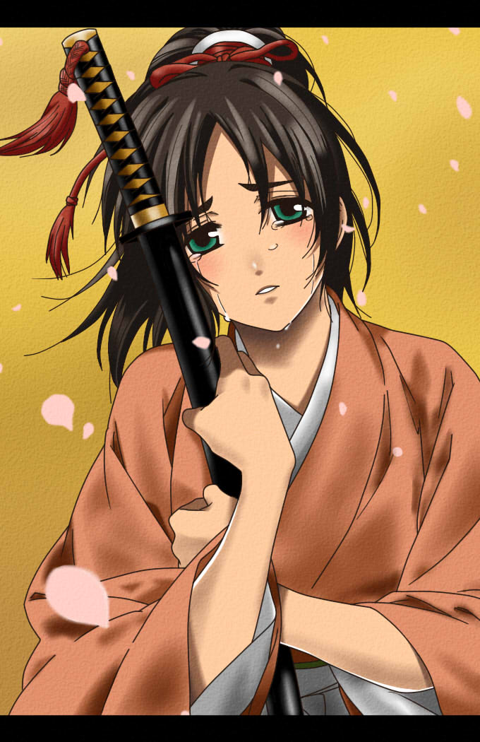 1girl black_hair eren_jaeger genderswap green_eyes japanese_clothes katana kimono kurahi letterboxed petals ponytail sad shingeki_no_kyojin solo sword tears weapon