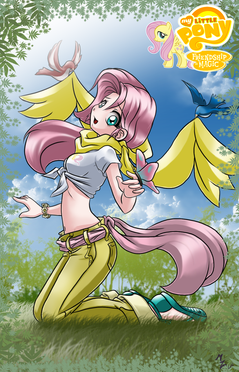 1girl bird blue_eyes bracelet butterfly copyright_name cutie_mark fluttershy highres jewelry kneeling logo long_hair mauroz midriff my_little_pony my_little_pony_friendship_is_magic navel open_mouth personification pink_hair pony scraf sky solo tagme tied_shirt