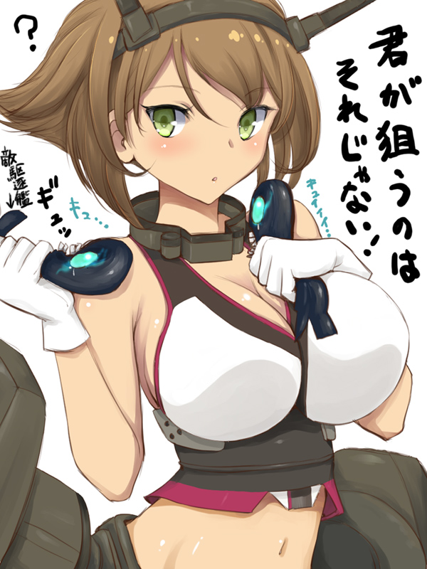 1girl :o ? blush breasts brown_hair gloves green_eyes huge_breasts kantai_collection mutsu_(kantai_collection) navel niwatori_kokezou personification simple_background solo white_background