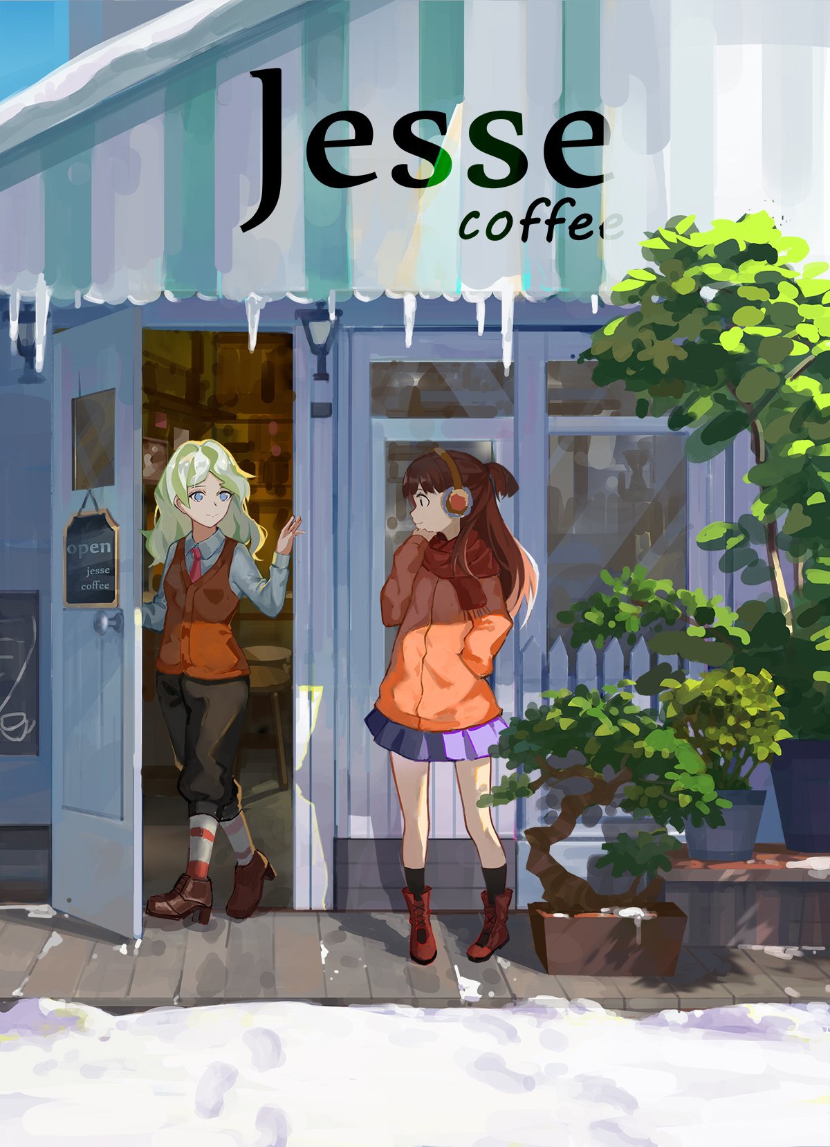 2girls boots cafe coat diana_cavendish door high_heel_boots high_heels highres kagari_atsuko little_witch_academia multiple_girls scarf snow window