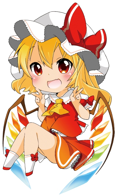 1girl berry_jou blonde_hair blush bow chibi double_v fang flandre_scarlet hat hat_bow looking_at_viewer mob_cap open_mouth red_eyes shirt side_ponytail simple_background skirt skirt_set smile solo touhou v vest white_background wings