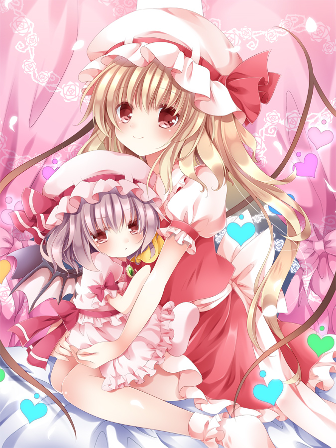 2girls :&lt; ascot bat_wings blonde_hair bow brooch child flandre_scarlet hat hat_ribbon heart jewelry long_hair looking_at_viewer mob_cap multiple_girls nogi_takayoshi puffy_sleeves red_eyes remilia_scarlet ribbon sash shirt short_sleeves siblings side_ponytail silver_hair sisters sitting sitting_on_lap sitting_on_person skirt skirt_set smile touhou very_long_hair wariza wings young