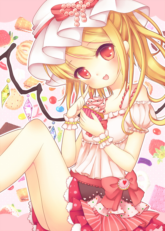 1girl blonde_hair flandre_scarlet frills harukaruha hat red_eyes side_ponytail solo sweets touhou wings wrist_cuffs