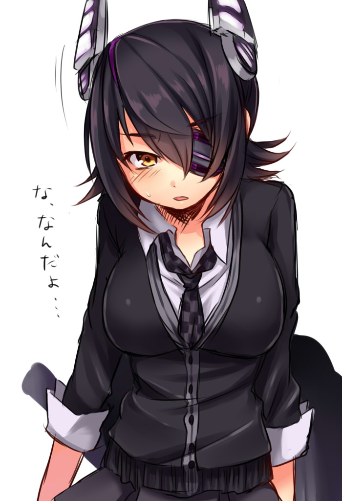 1girl black_hair breasts eyepatch kantai_collection large_breasts nagase_kizuna necktie open_mouth personification short_hair solo sweatdrop tenryuu_(kantai_collection) yellow_eyes
