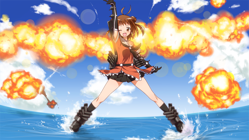 1girl antenna_hair brown_eyes brown_hair clouds double_bun elbow_gloves explosions gloves kantai_collection lens_flare naka_(kantai_collection) ocean open_mouth personification short_hair sky solo standing_on_water water wink yuto
