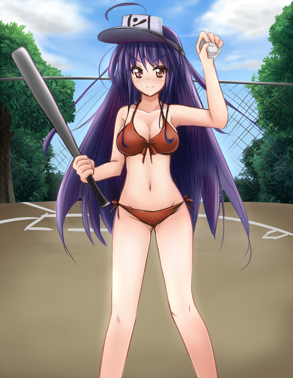 1girl anakin_sky_(utcc) baseball baseball_bat bikini brown_eyes highres long_hair original purple_hair swimsuit visor