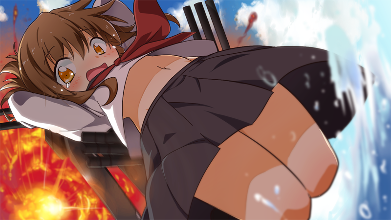 1girl brown_eyes brown_hair close-up explosion from_below inazuma_(kantai_collection) kantai_collection machinery navel open_mouth personification sailor_dress solo tears turret water yuto