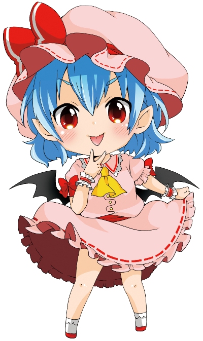 1girl ascot bat_wings berry_jou blue_hair blush bow chibi dress flandre_scarlet hat hat_bow looking_at_viewer mob_cap pink_dress pointy_ears red_eyes simple_background smile solo tongue tongue_out touhou v white_background wings wrist_cuffs