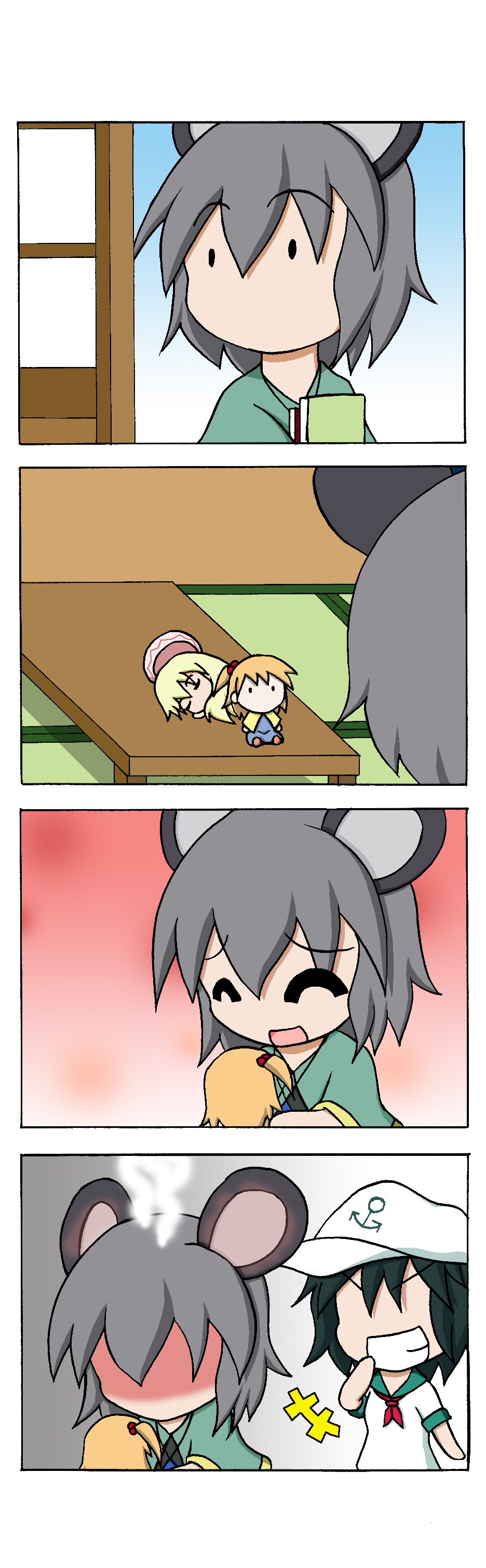 3girls 4koma absurdres animal_ears black_hair blonde_hair book capelet chibi closed_eyes comic doll grey_hair grin hachimakirin hair_bobbles hair_ornament hat highres laughing lily_white mouse_ears multiple_girls murasa_minamitsu nazrin neckerchief one_side_up open_mouth sailor_dress sailor_hat shaded_face silent_comic sleeping smile steam tatami touhou