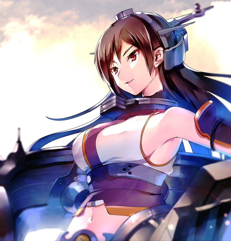 1girl a_k_o breasts brown_hair collar hairband kantai_collection long_hair machinery midriff nagato_(kantai_collection) navel open_mouth personification red_eyes sideboob solo