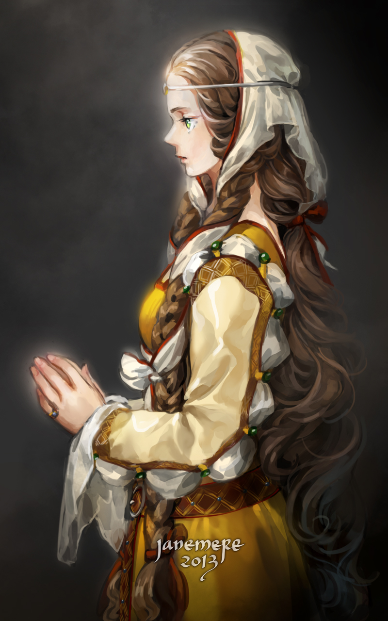 1girl 2013 artist_name braid brown_hair circlet green_eyes hands_together head_scarf highres janemere jewelry long_hair medieval original profile ring solo very_long_hair