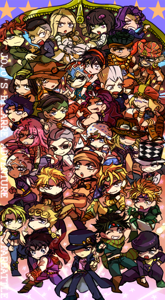 bruno_bucciarati caesar_anthonio_zeppeli cars_(jojo) chibi diavolo dio_brando esidisi everyone funny_valentine giorno_giovanna guido_mista gyro_zeppeli hermes_costello higashikata_jousuke higashikata_jousuke_(jojolion) hirose_kouichi hol_horse jean_pierre_polnareff johnny_joestar jojo_no_kimyou_na_bouken jonathan_joestar joseph_joestar_(young) kakyouin_noriaki kira_yoshikage kishibe_rohan kuujou_jolyne kuujou_joutarou mohammed_avdol narancia_ghirga nijimura_okuyasu nonono_nagata otoishi_akira steel_ball_run wham will_anthonio_zeppeli zipper