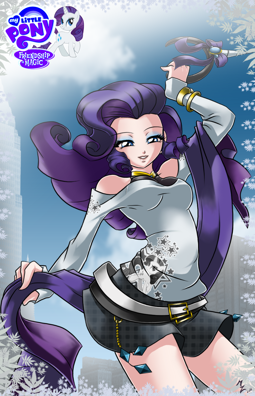 1girl bare_shoulders belt blue_eyes copyright_name curly_hair cutie_mark drill_hair eyeshadow hairband hairband_removed highres keychain lips logo long_hair looking_down makeup mauroz miniskirt my_little_pony my_little_pony_friendship_is_magic parted_lips personification pony purple_hair rarity sash skirt sky sleeves_past_wrists solo tagme