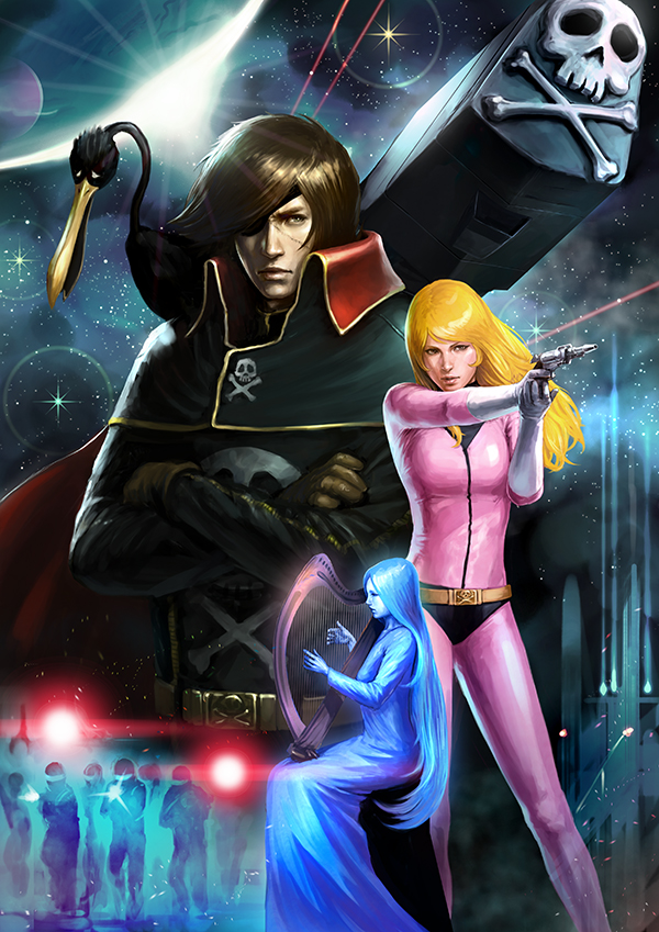 blonde_hair brown_hair character_request claire ginga_tetsudou_999 harlock harlock_saga harp instrument realistic scar shotamaki uchuu_kaizoku_captain_harlock waga_seishun_no_arcadia