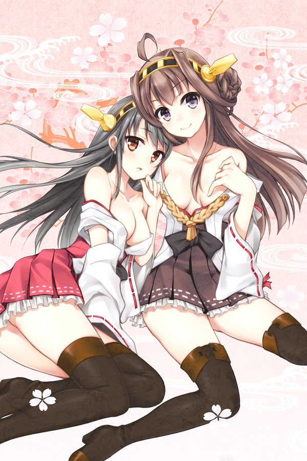 2girls ahoge black_hair blush boots breasts brown_eyes brown_hair cleavage detached_sleeves gunp hairband haruna_(kantai_collection) japanese_clothes kantai_collection kongou_(kantai_collection) large_breasts long_hair looking_at_viewer multiple_girls off_shoulder personification skirt smile thigh_boots thighhighs violet_eyes wide_sleeves