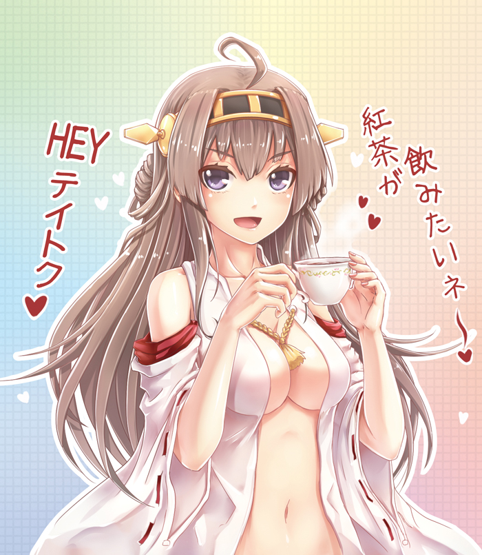 1girl ant_(fenixant) breasts brown_hair coffee cup detached_sleeves hairband headgear japanese_clothes kantai_collection kongou_(kantai_collection) long_hair looking_at_viewer navel open_clothes open_mouth personification smile solo translation_request violet_eyes