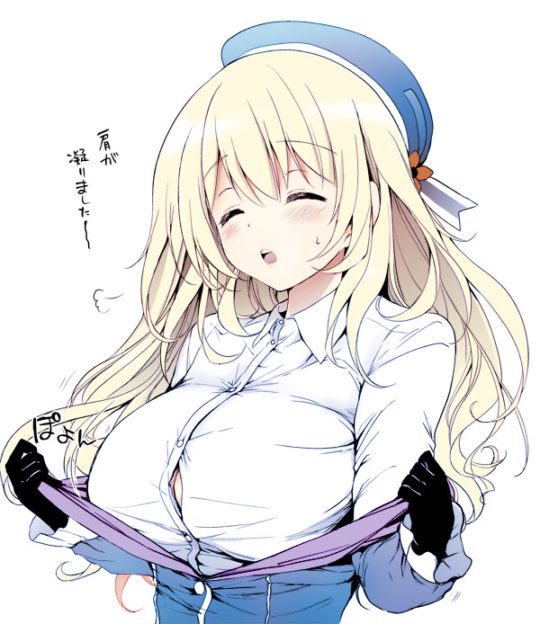 1girl atago_(kantai_collection) black_gloves blonde_hair blush breasts closed_eyes gloves hat kantai_collection kurimomo large_breasts long_hair military military_uniform open_mouth personification simple_background solo translation_request undressing uniform white_background
