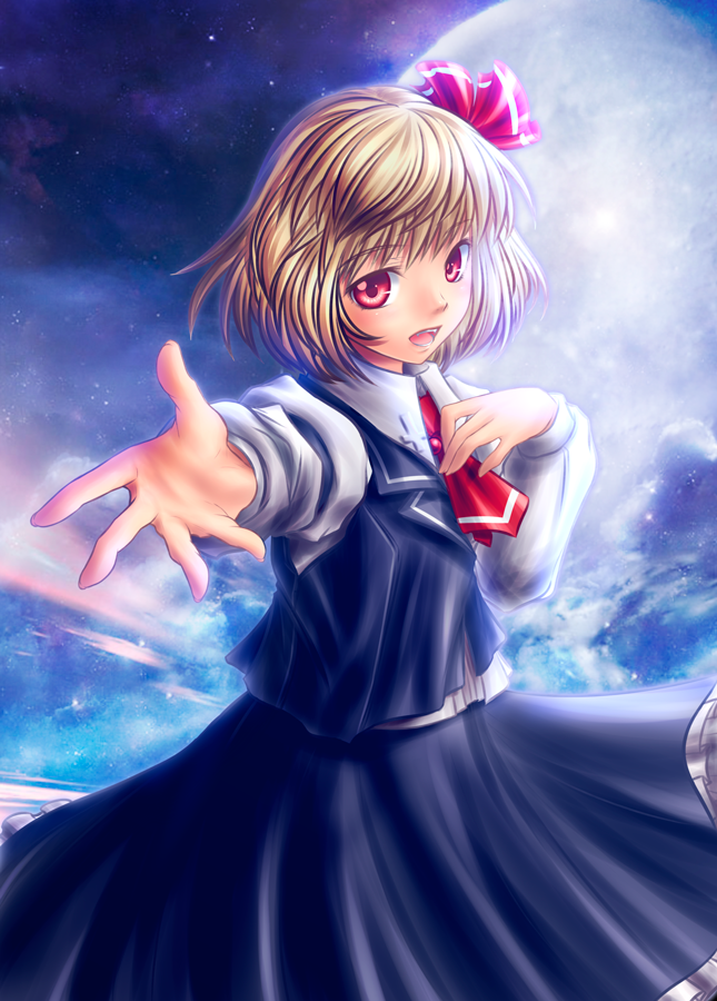 1girl ascot blonde_hair blush five-seven full_moon hand_on_own_chest moon open_mouth outstretched_arm outstretched_hand red_eyes ribbon rumia short_hair skirt skirt_set smile solo touhou