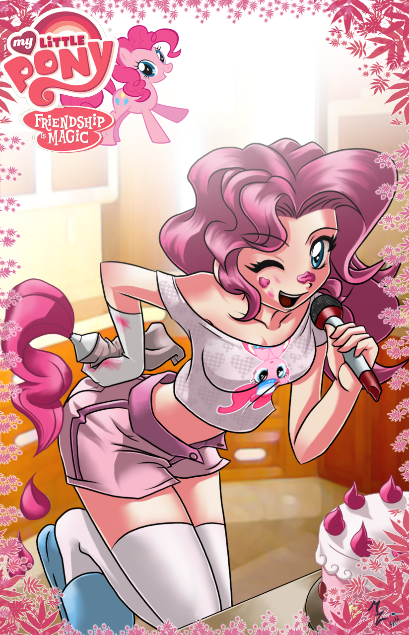 1girl blue_eyes cake copyright_name curly_hair cutie_mark food highres icing logo long_hair mauroz microphone midriff my_little_pony my_little_pony_friendship_is_magic off_shoulder open_mouth personification pink_hair pinkie_pie pony short slippers smile solo thighhighs unbuttoned wink zettai_ryouiki