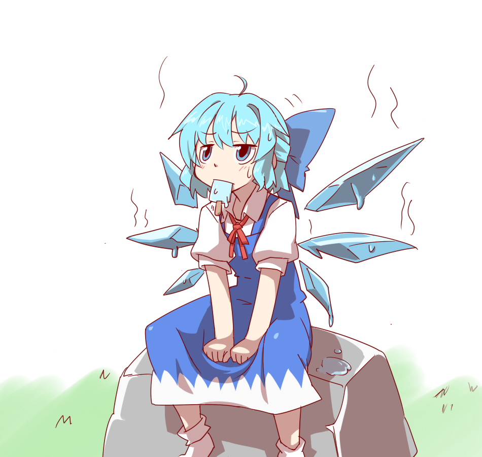 1girl blue_eyes blue_hair bow cirno dress hair_bow hihachi hot ice ice_wings mouth_hold popsicle short_hair sitting touhou wings