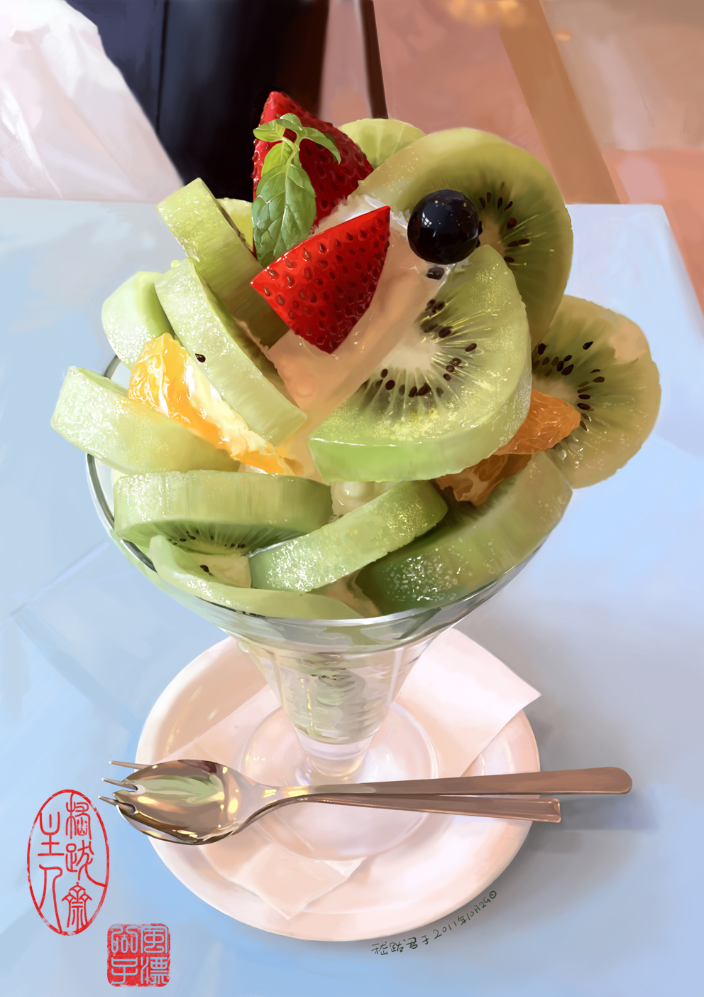 blueberry btles dessert food fork fruit highres ice_cream kiwifruit napkin no_humans orange original parfait plate realistic spork strawberry