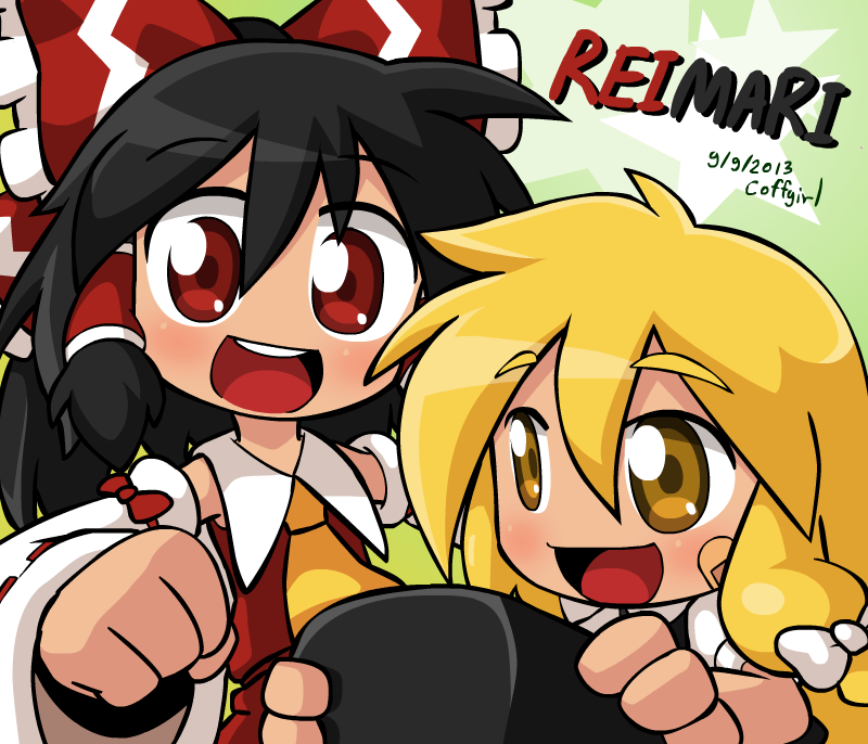 2girls artist_name ascot bandaid black_hair blonde_hair bow braid clenched_hand coffgirl dated detached_sleeves eyebrows green_background hair_bow hair_tubes hakurei_reimu hat hat_removed headwear_removed holding holding_hat kirisame_marisa looking_at_viewer looking_away multiple_girls open_mouth red_eyes short_hair simple_background single_braid skirt skirt_set star touhou yellow_eyes