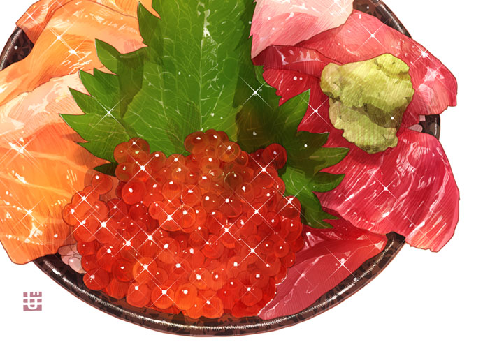 beef chicken_(food) food meat momiji_mao no_humans original raw_meat realistic roe sparkle wasabi white_background