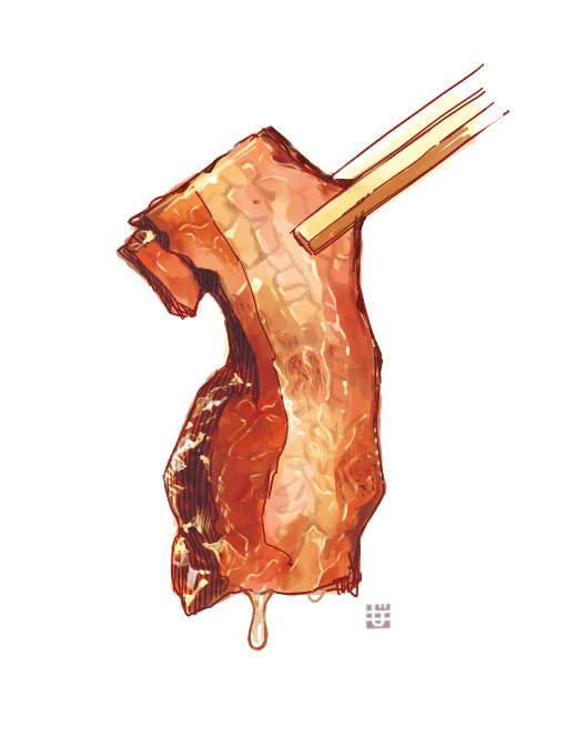 bacon chopsticks dripping food grease meat momiji_mao no_humans original realistic white_background