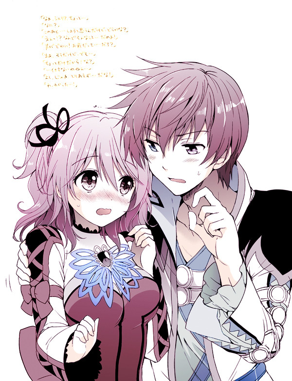 1boy 1girl asbel_lhant blush cheria_barnes hair_ribbon hand_on_another's_shoulder hetero kurimomo open_mouth ribbon tales_of_(series) tales_of_graces two_side_up wavy_mouth