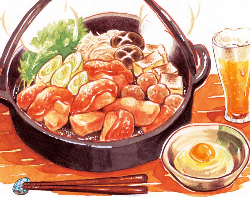 aguro alcohol beer bowl chopsticks egg food meat mushroom no_humans original steam sukiyaki tofu