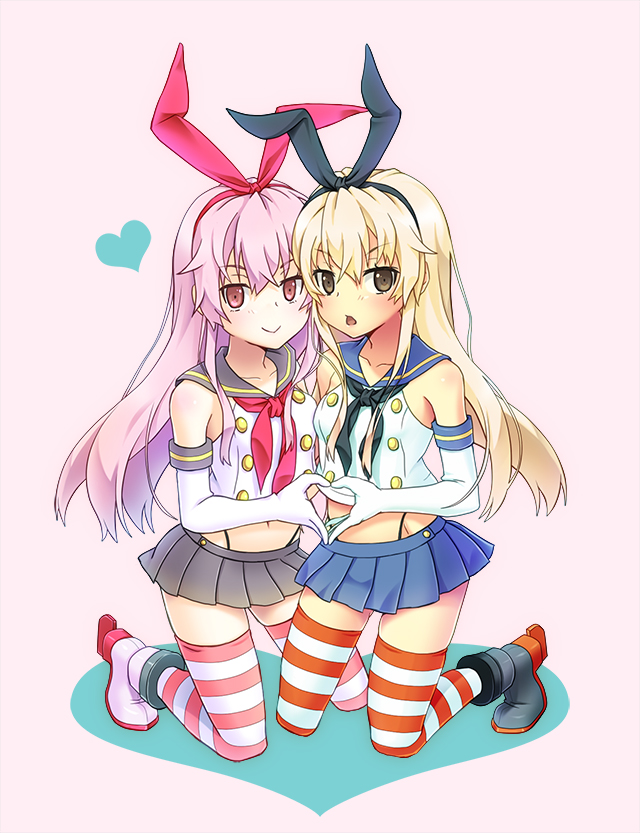 1girl alternate_color black_panties blonde_hair crop_top elbow_gloves gloves hairband heart heart_hands heart_hands_duo kantai_collection long_hair looking_at_viewer open_mouth panties personification pink_hair player_2 shimakaze_(kantai_collection) skirt smile striped striped_legwear thighhighs underwear yoshimi_kou