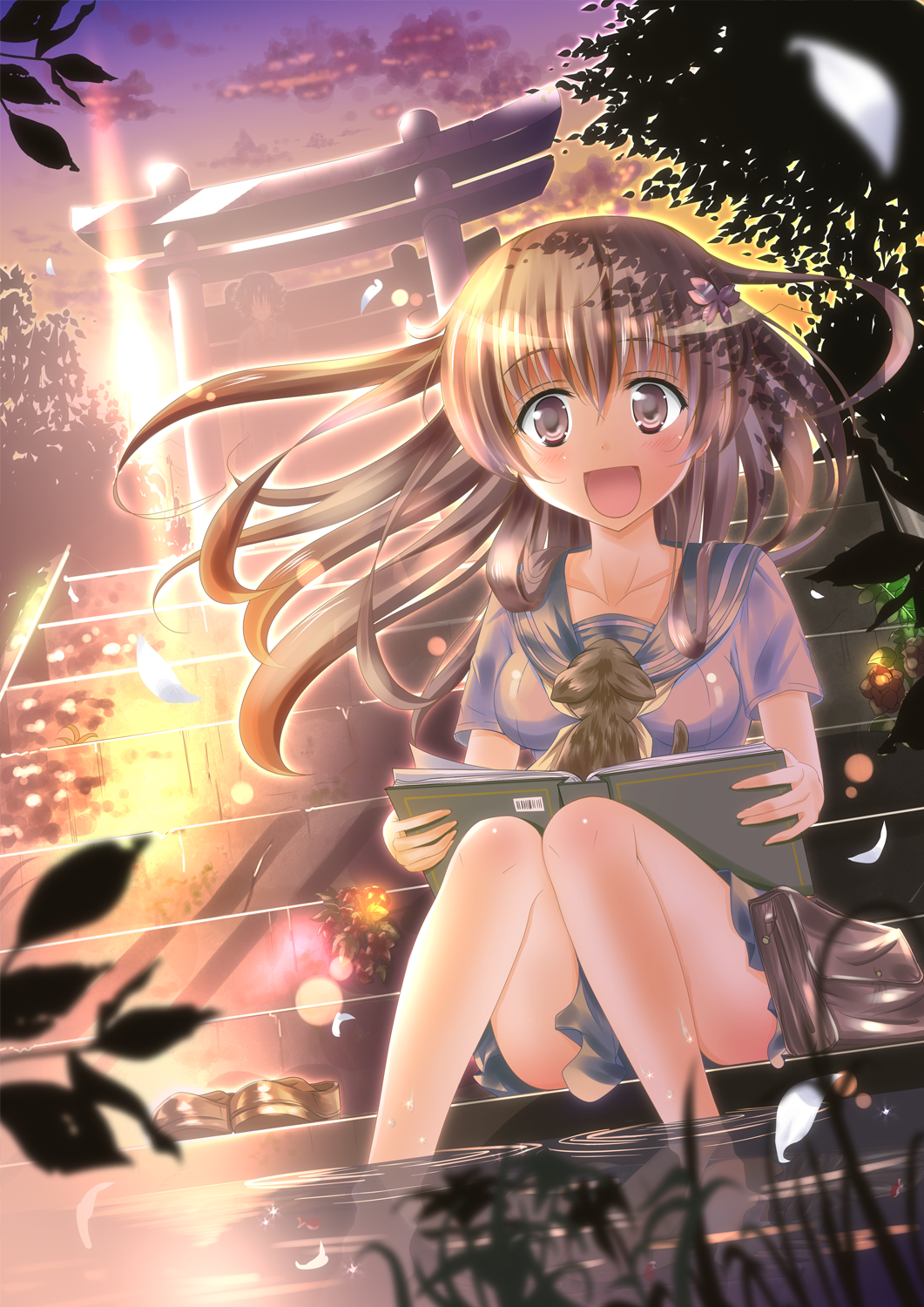 1girl book brown_eyes brown_hair cat feet_in_water happy highres legs long_hair original quin_(himegata_alice) shoes_removed soaking_feet solo stairs water