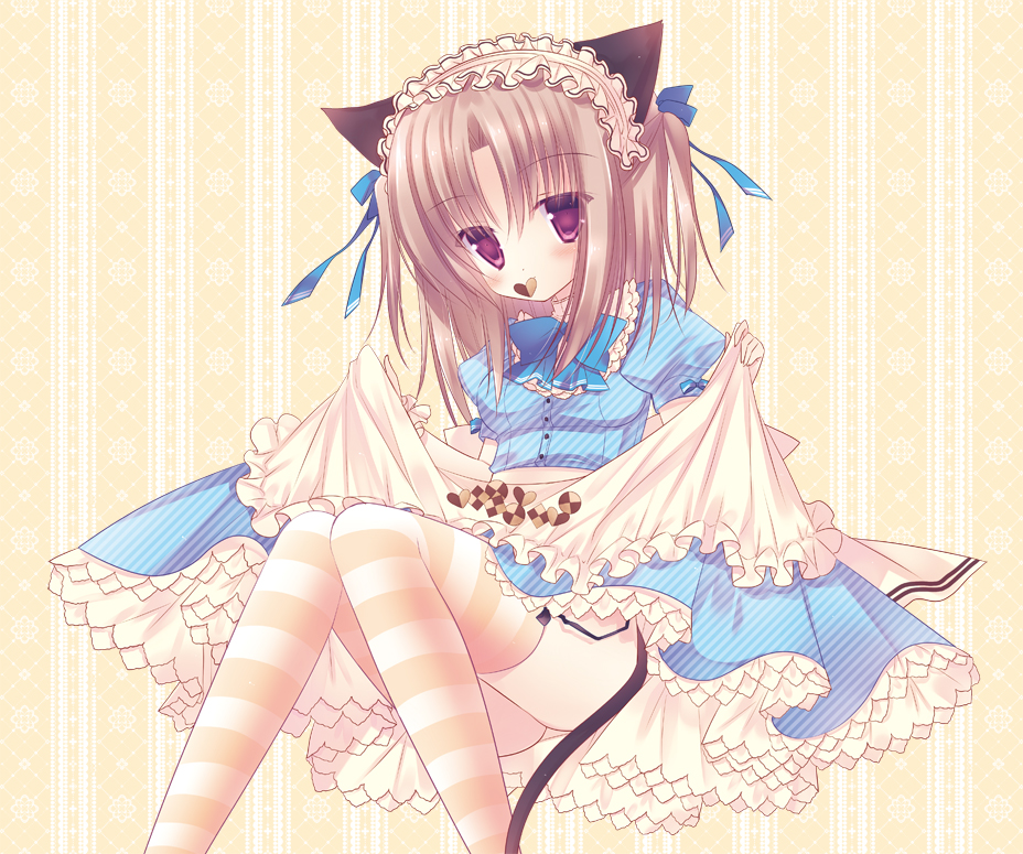 1girl animal_ears brown_hair cat_ears cat_tail checkerboard_cookie cookie dress food hair_ribbon hairband lolita_fashion lolita_hairband mouth_hold original ribbon skirt_basket solo striped striped_legwear sumii tail thighhighs two_side_up violet_eyes