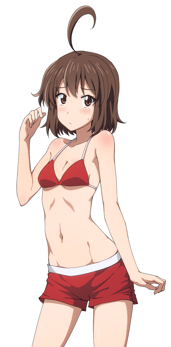 1girl ahoge andou_natsuki bikini bikini_shorts blush breasts brown_hair cleavage highres kitakubu_katsudou_kiroku midiman navel short_hair solo swimsuit