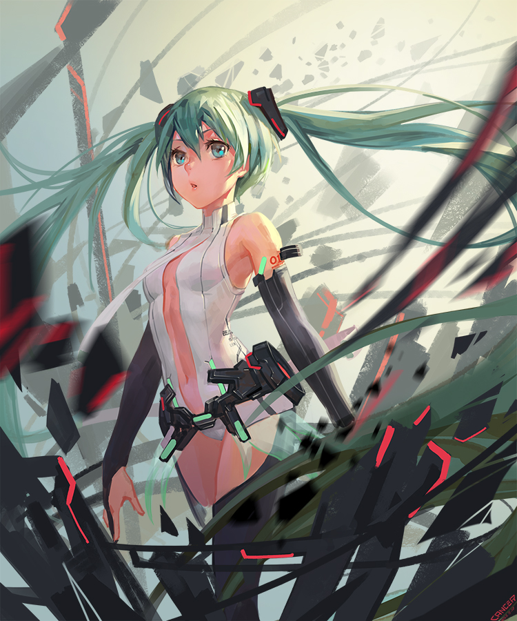 1girl bridal_gauntlets cancer_(zjcconan) center_opening floating_hair green_eyes green_hair hatsune_miku long_hair miku_append navel necktie solo thighhighs twintails very_long_hair vocaloid vocaloid_append