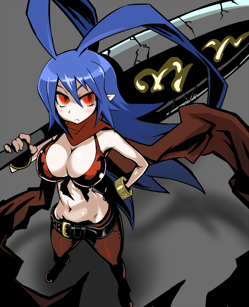 1girl bare_shoulders belt bikini_top breasts cleavage disgaea disgaea_d2 hand_on_hip holding indee laharl-chan looking_at_viewer red_eyes scarf solo sword weapon