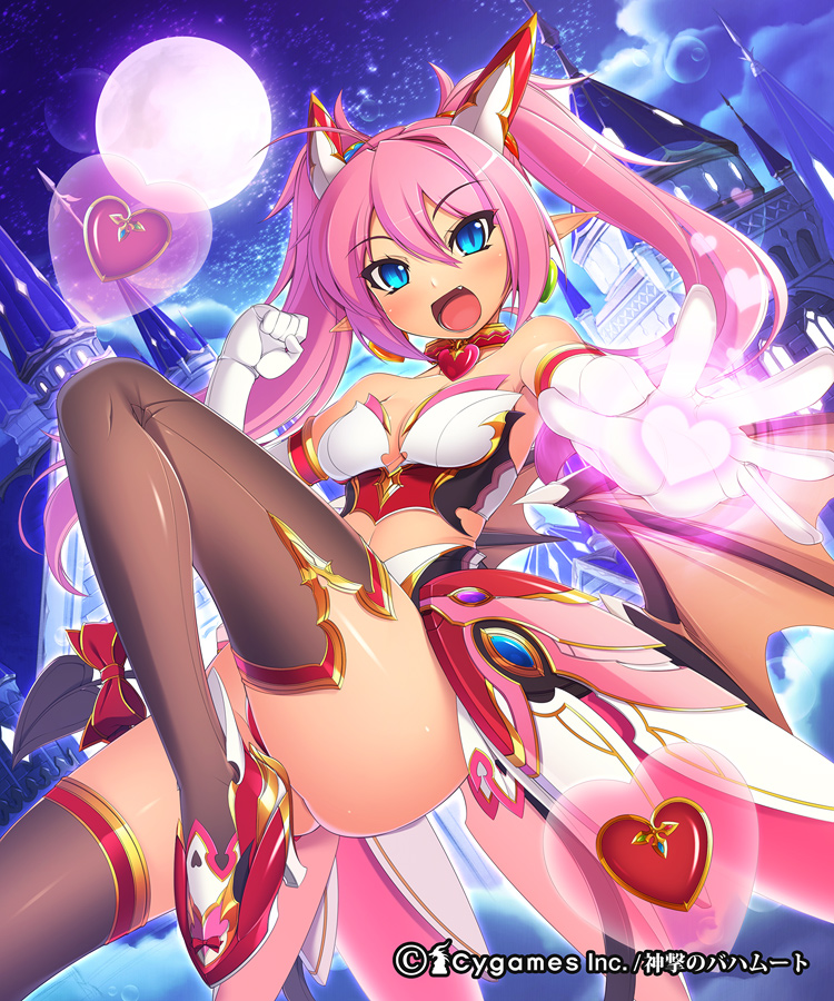 1girl bare_shoulders bat_wings black_legwear blue_eyes blush bustier castle choker clenched_hand cygames demon_girl demon_tail dutch_angle earrings elbow_gloves fang faulds full_moon gloves headgear heart high_heels jewelry leg_up magic mel/a moon night night_sky pink pink_hair pointy_ears ririmu_tia shingeki_no_bahamut short_twintails sky small_breasts smile solo succubus tail tail_bow thighhighs twintails white_gloves wings