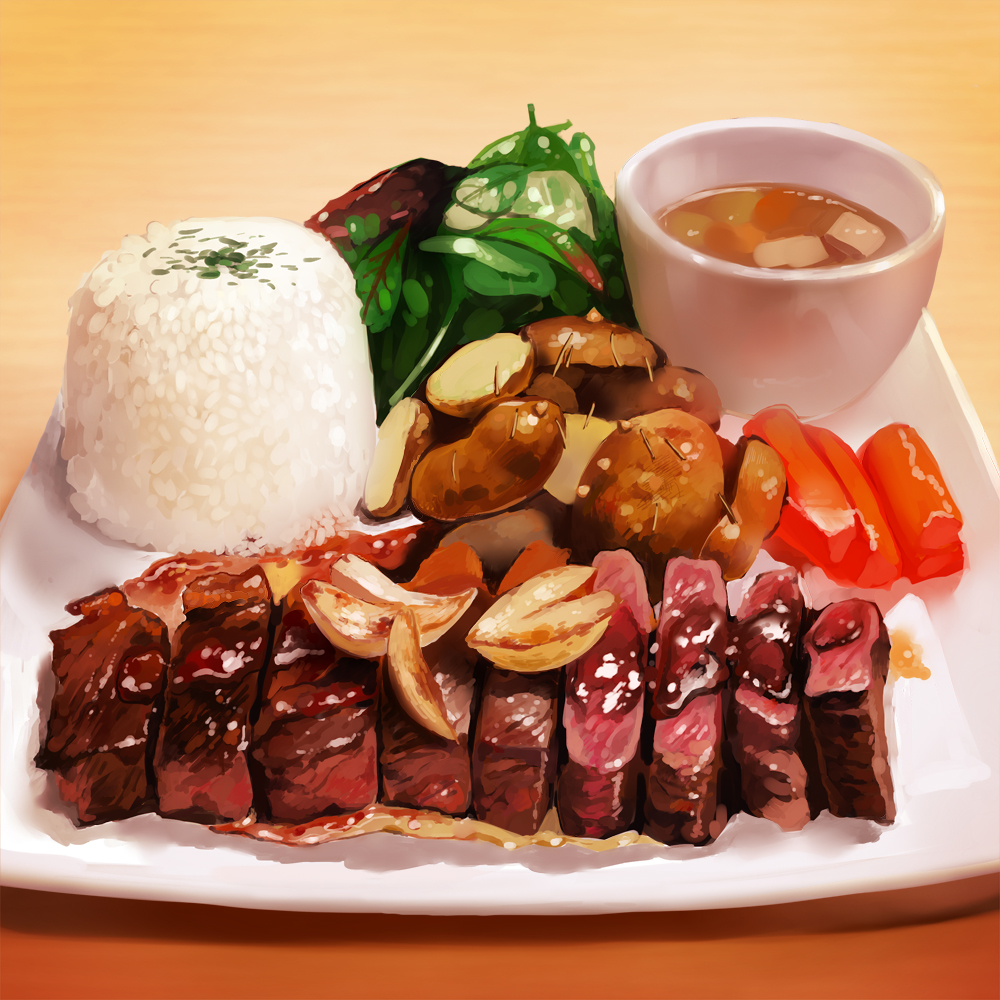 aax52630 bowl food meat no_humans onion original plate potato rice spinach steak vegetable