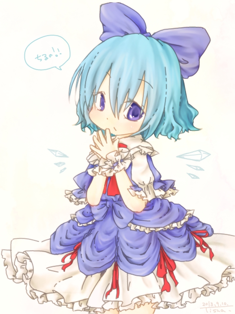 1girl adapted_costume blue_dress blue_eyes blue_hair bow cirno dress hair_bow hands_together ice ice_wings layered_dress looking_at_viewer puffy_sleeves short_sleeves simple_background solo tisha_(kimagurenukosan) touhou translated white_background white_dress wings wrist_cuffs