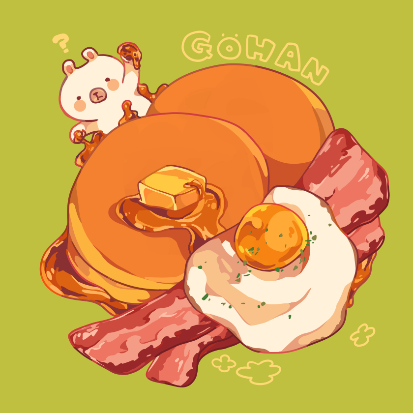 ? bacon bear butter egg food green_background meat mop no_humans original pancake syrup