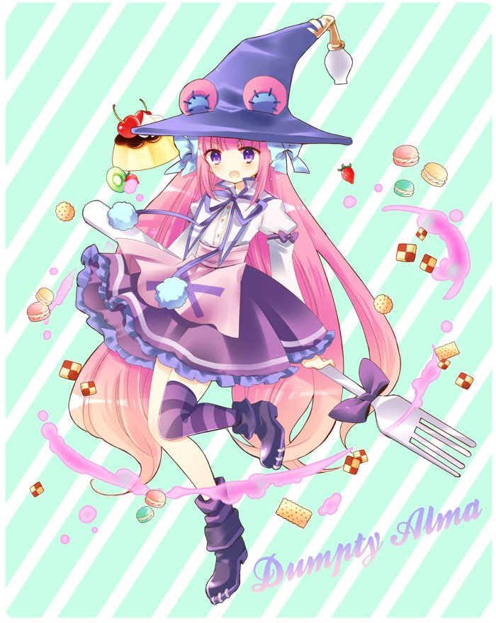 1girl boots character_name cherry cookie dress dumpty_alma emil_chronicle_online food fork fruit hat hoshino kiwifruit long_hair looking_at_viewer pink_hair pudding puzzle_&amp;_dragons solo striped striped_legwear thigh-highs very_long_hair violet_eyes witch_hat