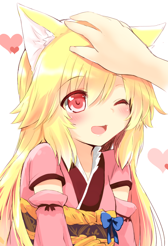 1girl akane_(naomi) animal_ears blonde_hair blush bow detached_sleeves fox_ears hands heart japanese_clothes long_hair naomi_(sekai_no_hate_no_kissaten) open_mouth original patting_head red_eyes solo_focus white_background wink