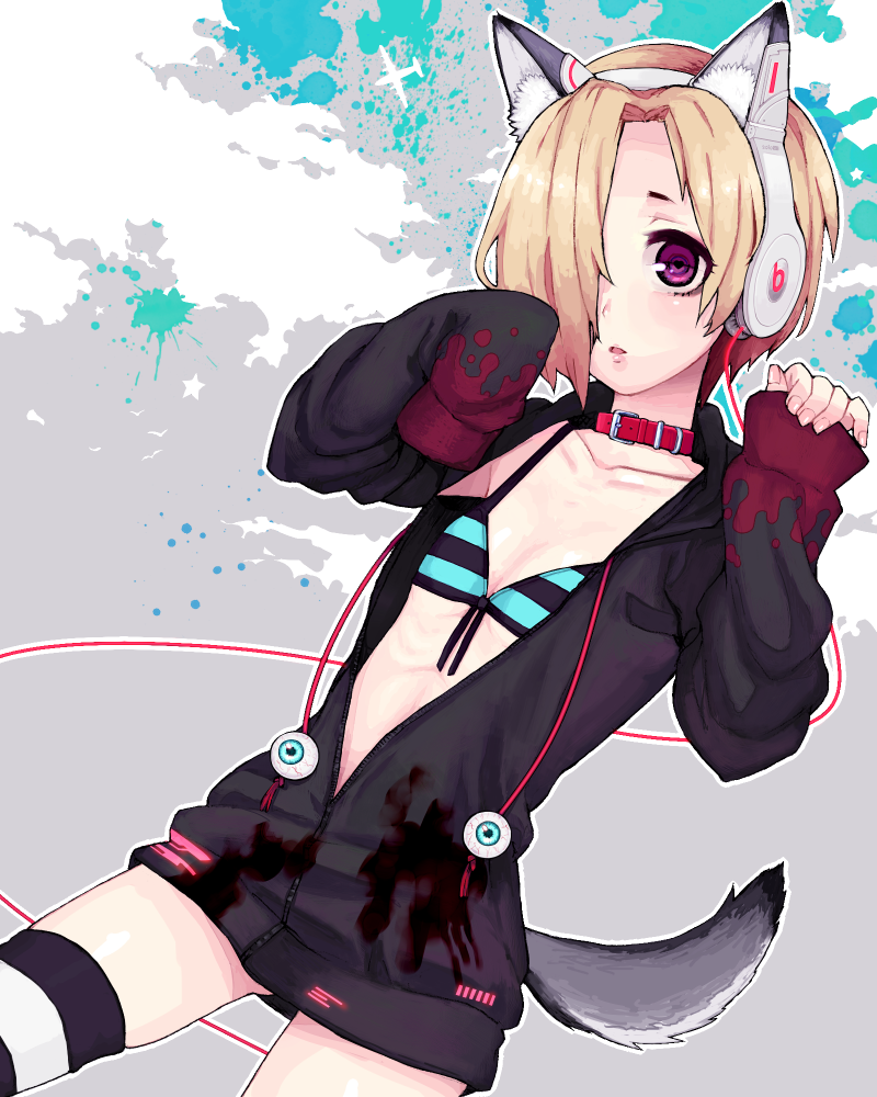1girl animal_ears bags_under_eyes beats_by_dr._dre bikini_top blonde_hair blush cable collar dog_ears dog_tail eyeballs hair_over_one_eye headphones heart heart-shaped_pupils hoodie idolmaster idolmaster_cinderella_girls kemonomimi_mode looking_at_viewer nora_bo open_clothes open_hoodie open_mouth oversized_clothes red_eyes shirasaka_koume short_hair simple_background sleeves_past_wrists solo striped striped_legwear symbol-shaped_pupils tail thighhighs