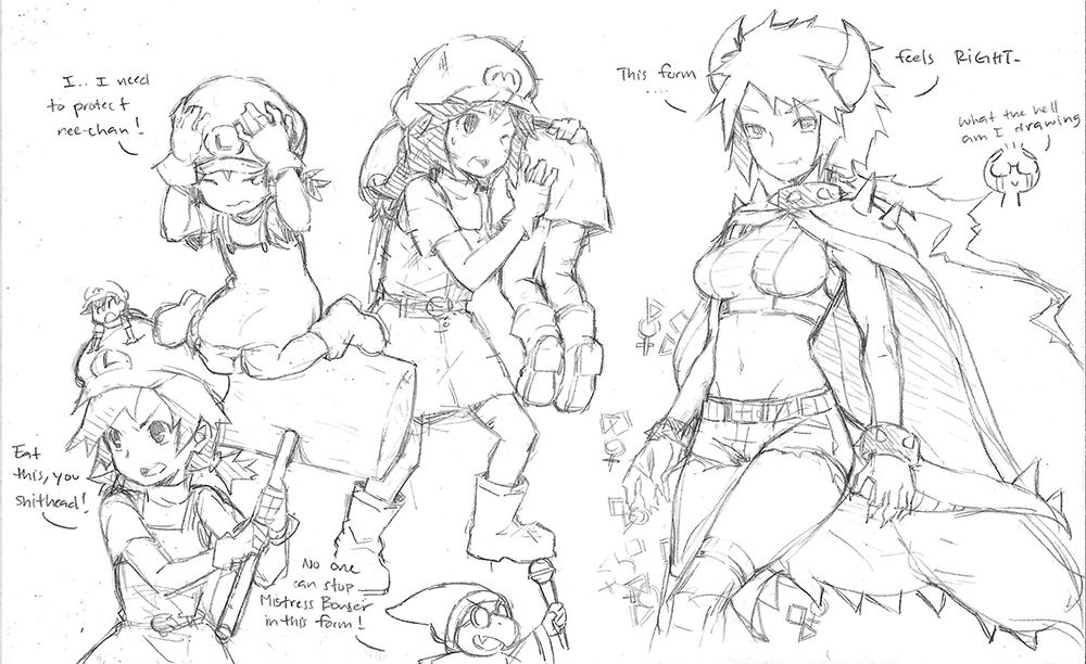 3girls bowser brown_hair cape crop_top cutoffs english gebyy-terar genderswap hat horns kamek kneehighs luigi mallet mario midriff monochrome multiple_girls navel personification short_shorts shorts sitting skirt spikes super_mario_bros. tears wariza